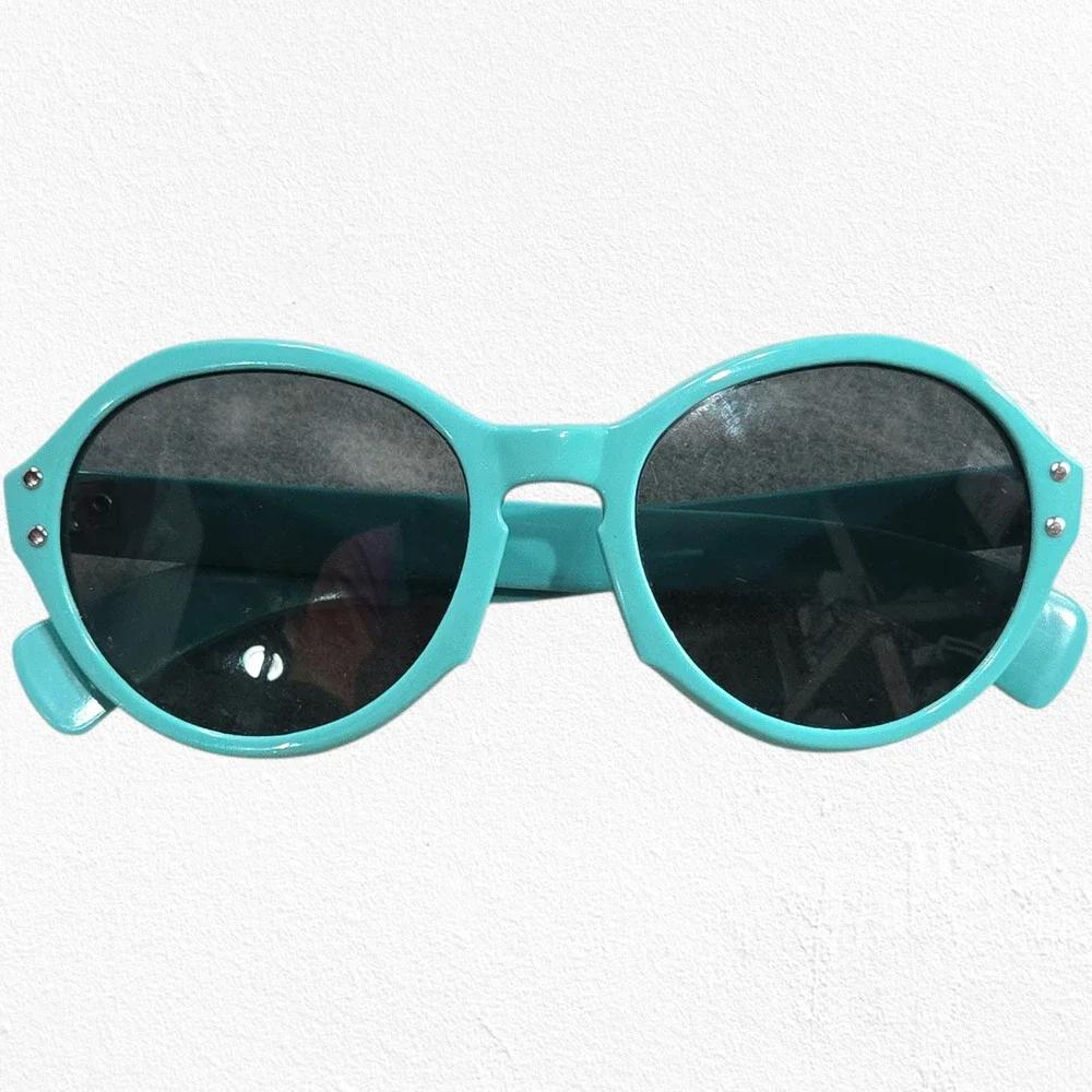 1960s Vintage Aqua Blue Mod Sunglasses Riveted Round Frame Retro Mod Eyewear